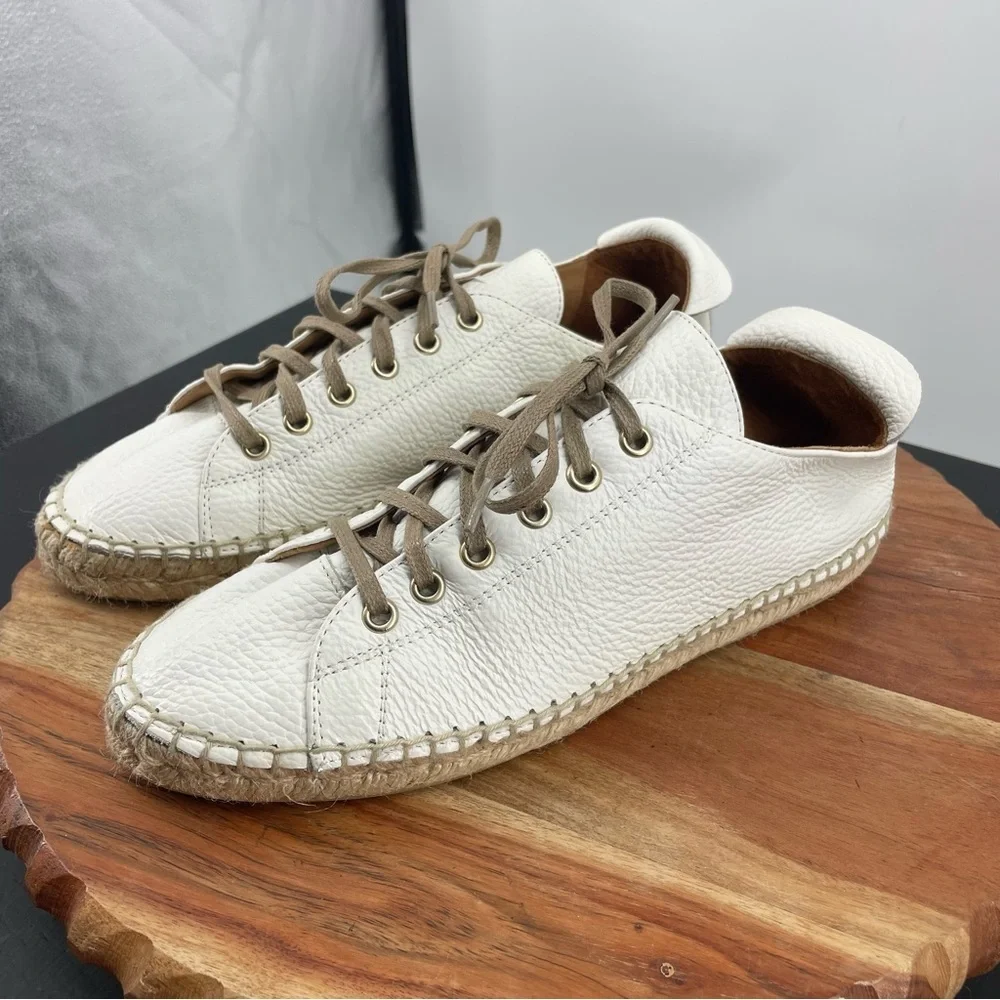 Maypol white Leather Lace Up Espadrille sneakers Shoes Sz. 39 (8) tan laces‎